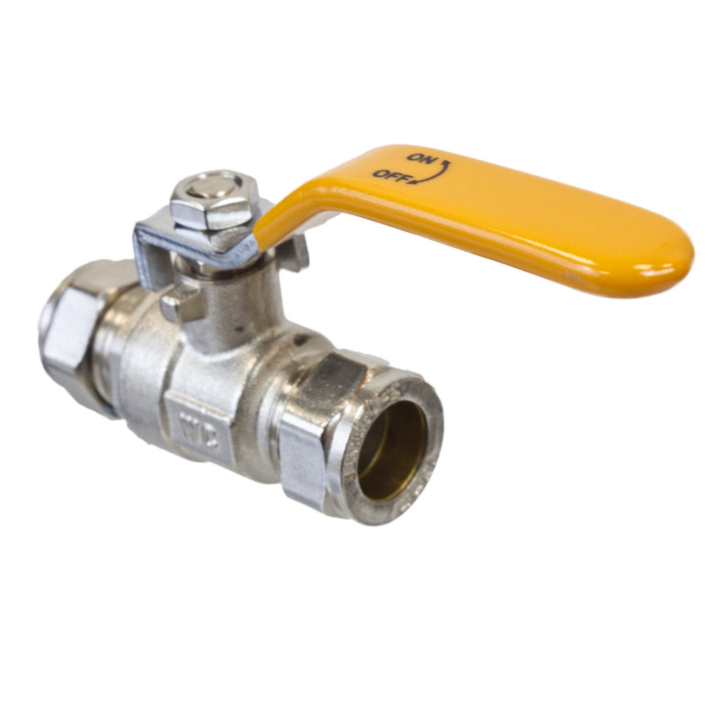 Gas Ball Valve – 22mm Compression Yellow Lever Handle
