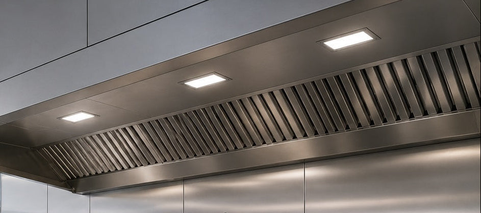 Promotional graphic for Under Control Instruments Ltd Canopy Lighting, showing a modern stainless steel commercial kitchen with a large industrial canopy light mounted above a gas range.