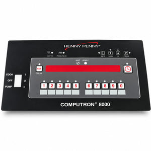 Henny Penny Computron 8000 digital control panel in black with a gray keypad area, red display screen, and white text and icons on a clean white background.