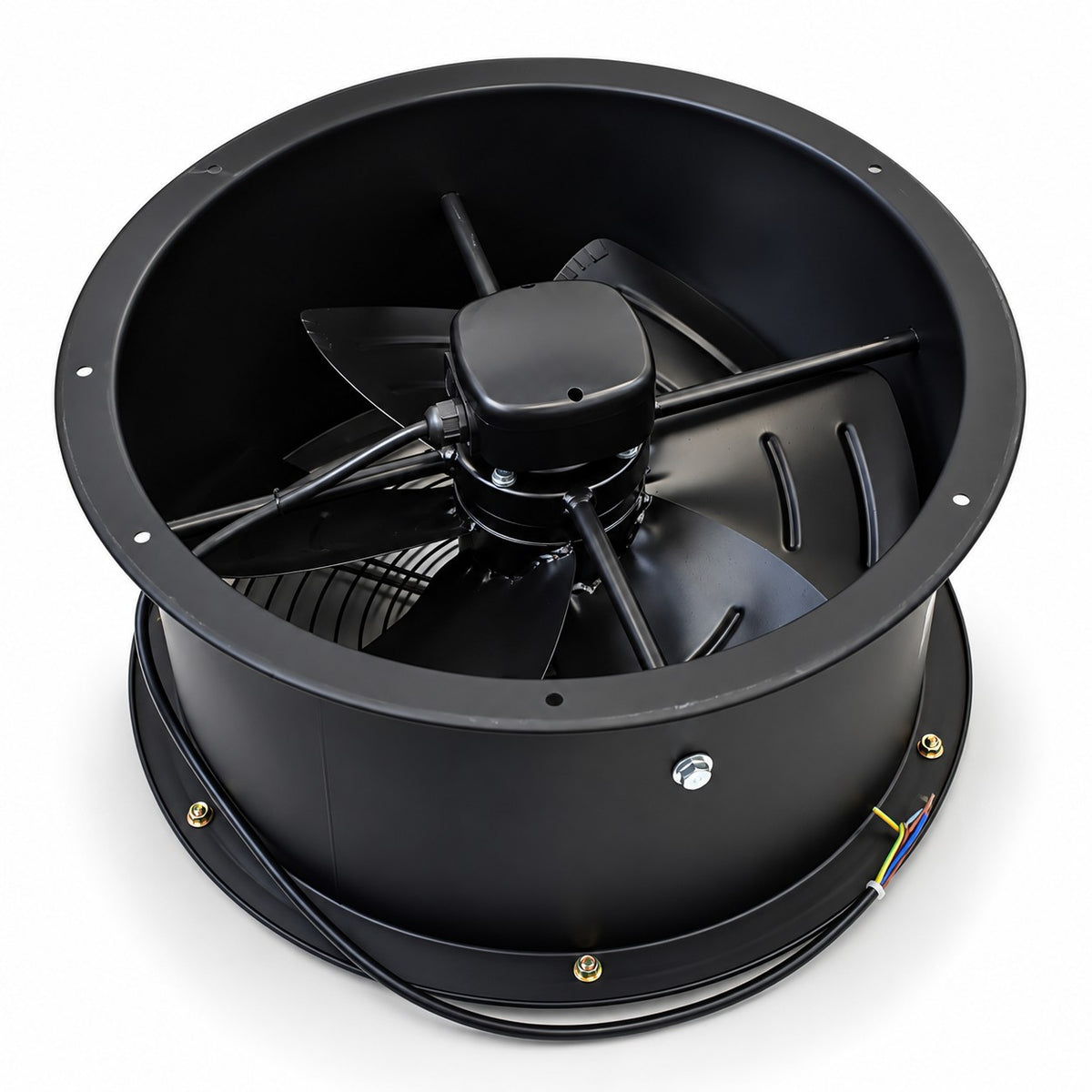 A black circular industrial inline fan with a multi-blade design, shown from a high angle on a white background.
