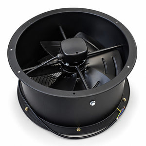 A black circular industrial inline fan with a multi-blade design, shown from a high angle on a white background.