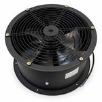 A black industrial centrifugal fan with a protective metal grille and gold-colored mounting screws, shown on a white background.
