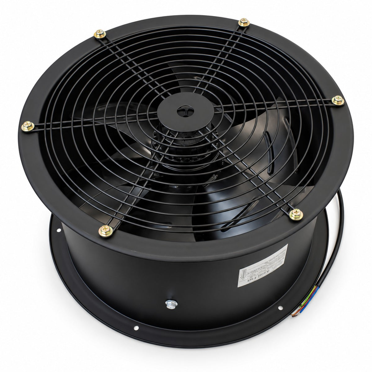 A black industrial centrifugal fan with a protective metal grille and gold-colored mounting screws, shown on a white background.