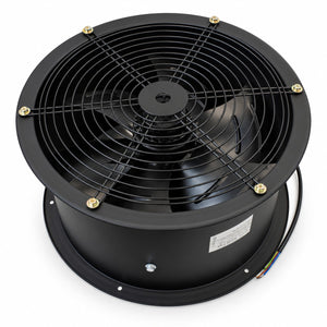 A black industrial centrifugal fan with a protective metal grille and gold-colored mounting screws, shown on a white background.