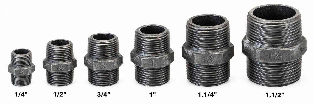 Six threaded pipe coupling adapters in sizes 1/4", 1/2", 3/4", 1", 1.1/4", and 1.