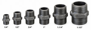 Six threaded pipe coupling adapters in sizes 1/4", 1/2", 3/4", 1", 1.1/4", and 1.