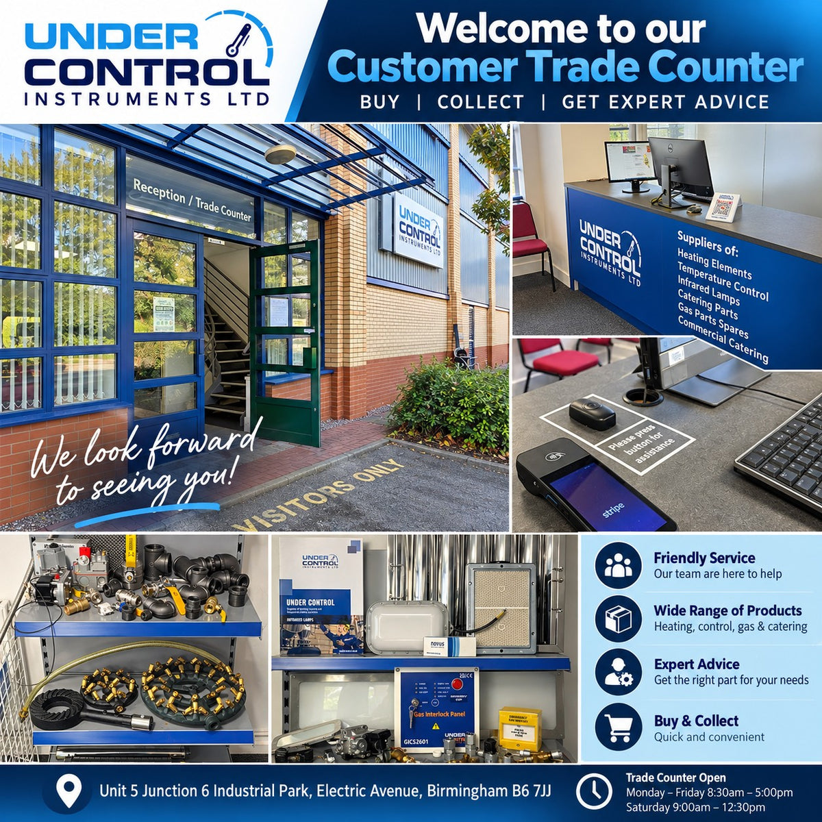A promotional collage for Under Control Instruments Ltd, showing the company entrance, a customer trade counter reception area, a computer terminal, storage cabinets, and service information on the right. The top banner reads 'Welcome to our Customer Trade Counter' and includes the Under Control Instruments Ltd branding.