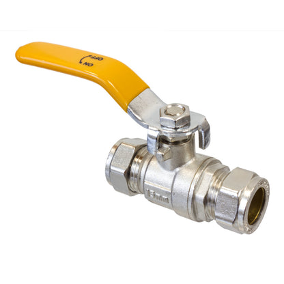 Gas Ball Valve – 28mm Compression Yellow Lever Handle