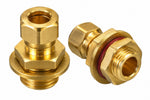 Two brass male pipe couplings with hexagonal bodies and threaded ends, one showing a red rubber gasket, on a white background.