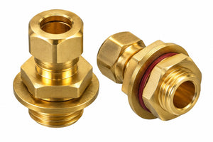 Two brass male pipe couplings with hexagonal bodies and threaded ends, one showing a red rubber gasket, on a white background.
