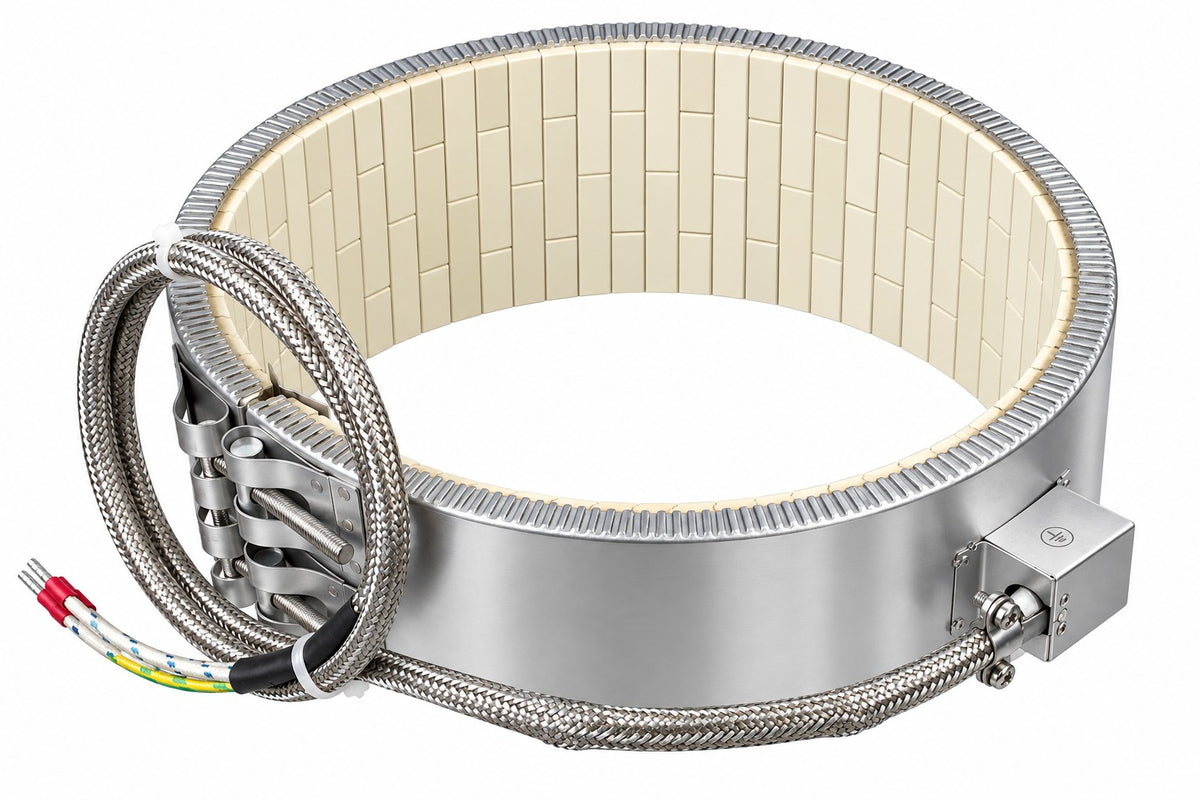 A stainless steel industrial heating coil or clamp-style element with a beige ceramic tile interior, braided metal leads, and a small control box on a white background.