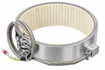 A stainless steel industrial heating coil or clamp-style element with a beige ceramic tile interior, braided metal leads, and a small control box on a white background.