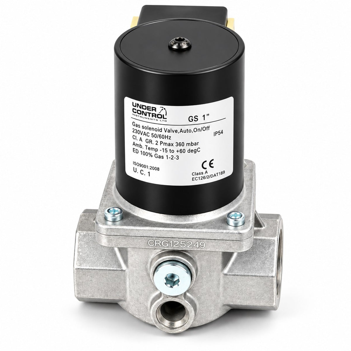 An Under Control GS 1" gas solenoid valve with a black cylindrical coil and a silver metal body, shown on a white background.