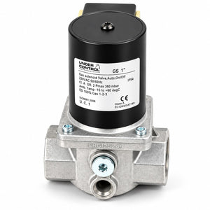 An Under Control GS 1" gas solenoid valve with a black cylindrical coil and a silver metal body, shown on a white background.