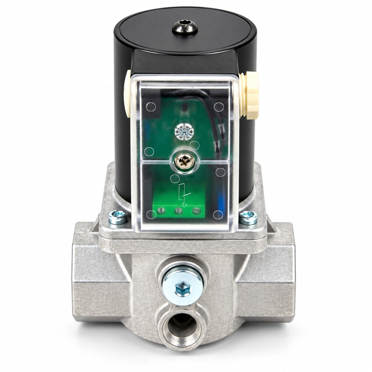 An industrial solenoid valve with a black motor, silver metal body, green circuit board under a clear cover, and brass fittings, shown on a white background.