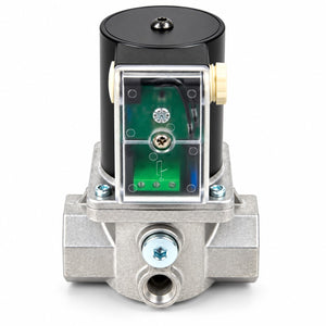 An industrial solenoid valve with a black motor, silver metal body, green circuit board under a clear cover, and brass fittings, shown on a white background.